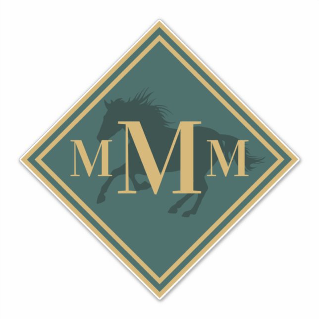 Mit Monogramm Hunter Green+ Gold Reitpferd Aufkleber (Vorderseite)