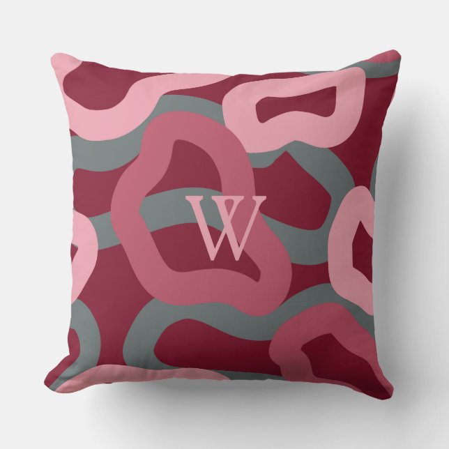Mit Monogramm in Rot, Grau und Rosa Kissen (Vorderseite)
