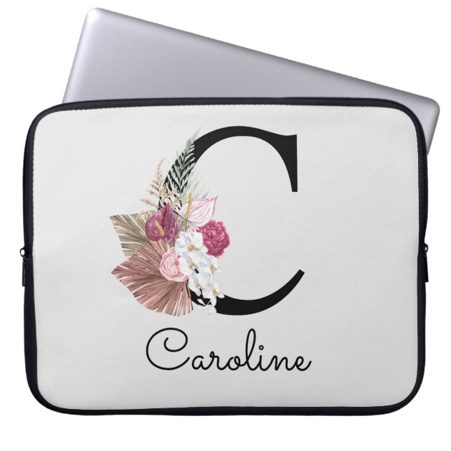 Mit Monogramm Initial C Pink Boho Girly Floral Laptopschutzhülle (Vorderseite)
