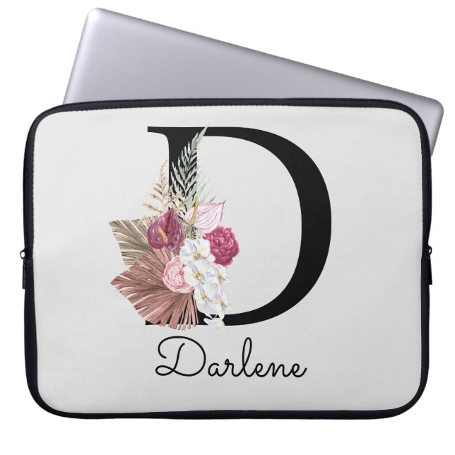 Mit Monogramm Initial D Modern Pink Boho Floral Laptopschutzhülle (Vorderseite)
