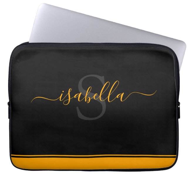 Mit Monogramm Initial Elegant Script Orange Laptopschutzhülle (Vorderseite)