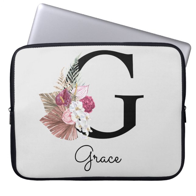 Mit Monogramm Initial G Monogramm Pink Boho Floral Laptopschutzhülle (Vorderseite)