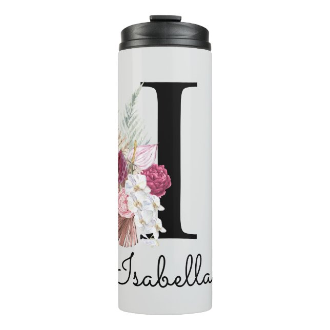 Mit Monogramm Initial I Pink Boho Girly Floral Thermosbecher (Vorderseite)