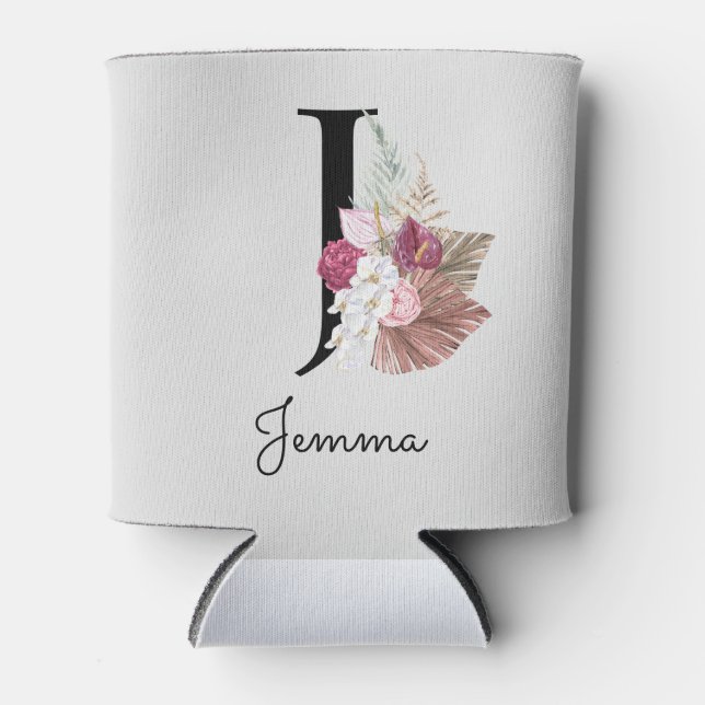 Mit Monogramm Initial J Pink Boho Floral Dosenkühler (Vorderseite)