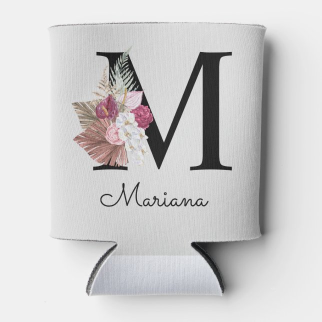 Mit Monogramm Initial M Pink Boho Floral Dosenkühler (Vorderseite)