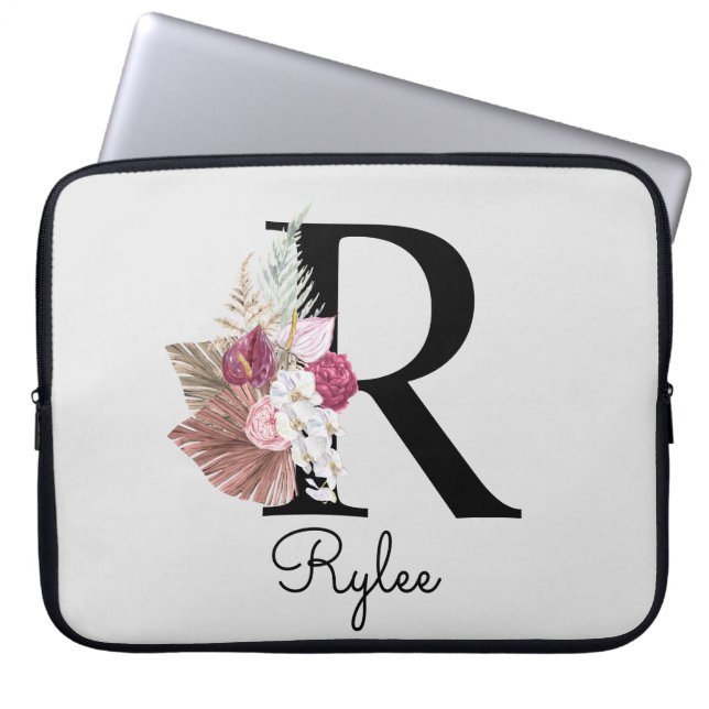 Mit Monogramm Initial R Pink Boho Girly Floral Laptopschutzhülle (Vorderseite)
