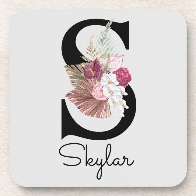 Mit Monogramm Initial S Pink Boho Floral Getränkeuntersetzer (Vorderseite)