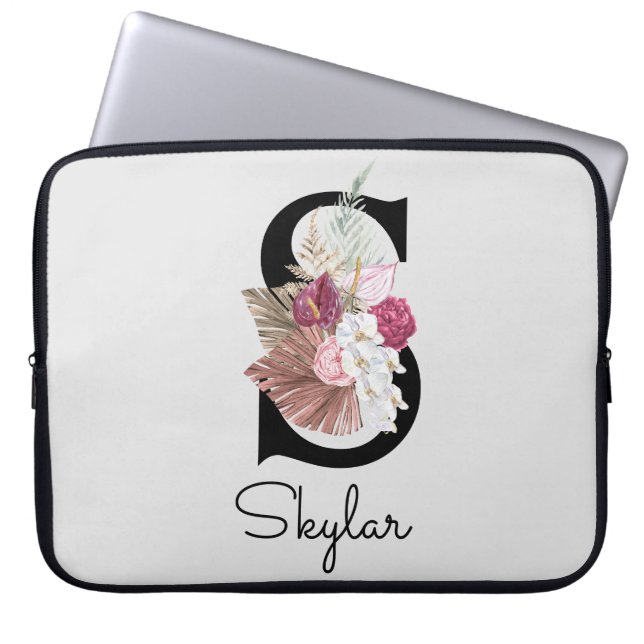 Mit Monogramm Initial S Pink Boho Floral Laptopschutzhülle (Vorderseite)