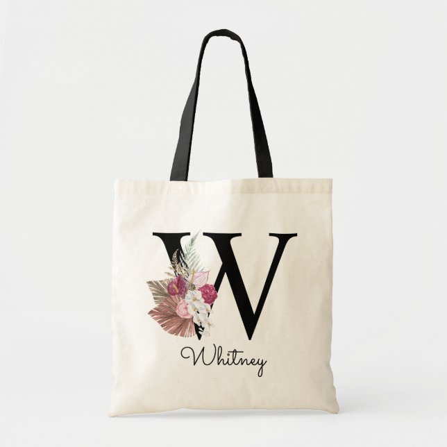 Mit Monogramm Initial W Pink Boho Girly Floral Tragetasche (Vorne)