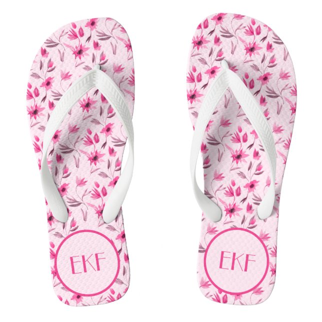 Mit Monogramm Initialen Rosa Floral Women's Flip Flops (Fußbett)