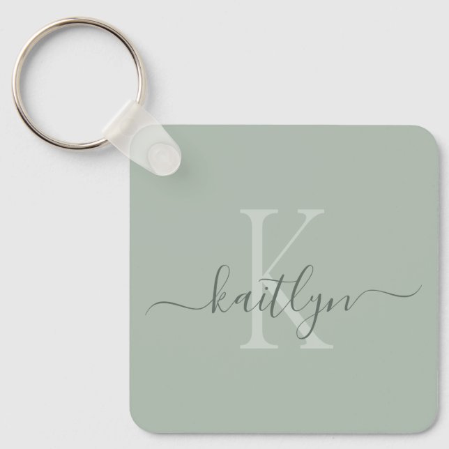 Mit Monogramm Initialname für Sage Green Schlüsselanhänger (Vorderseite)