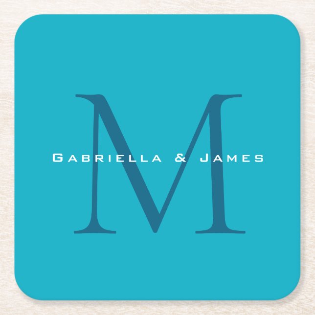 Mit Monogramm Kalligrafie Azure Blue Moderne Schli Rechteckiger Pappuntersetzer (Vorderseite)