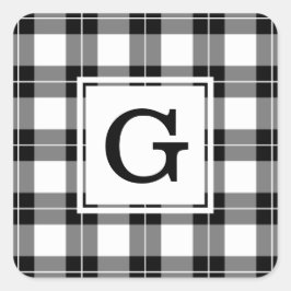 Mit Monogramm Kariertes Schwarz-Weiß-Muster Quadratischer Aufkleber