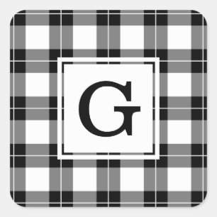 Mit Monogramm Kariertes Schwarz-Weiß-Muster Quadratischer Aufkleber