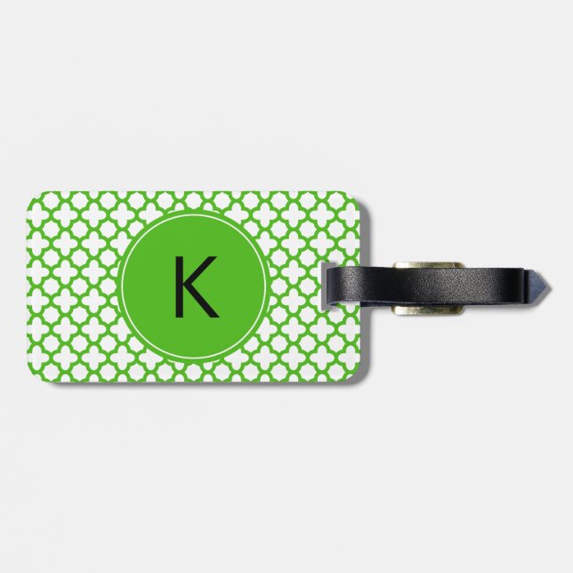 Mit Monogramm Kelly Green Quatrefoil Muster Gepäckanhänger (Rückseite horizontal)