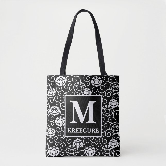Mit Monogramm klassische Serif-BW-Peonys Tasche (Vorderseite)
