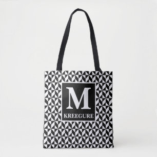 Mit Monogramm klassischer Serif BW Abstrakt Zickza Tasche