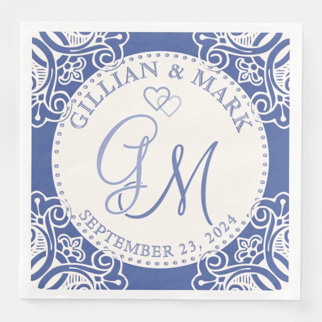 Mit Monogramm Kobalt- und Sandhochzeit Serviette (Vorderseite)