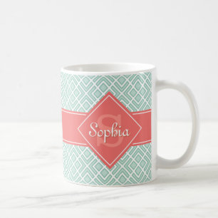 Mit Monogramm Korallen- und Minzdiamantenmuster Kaffeetasse