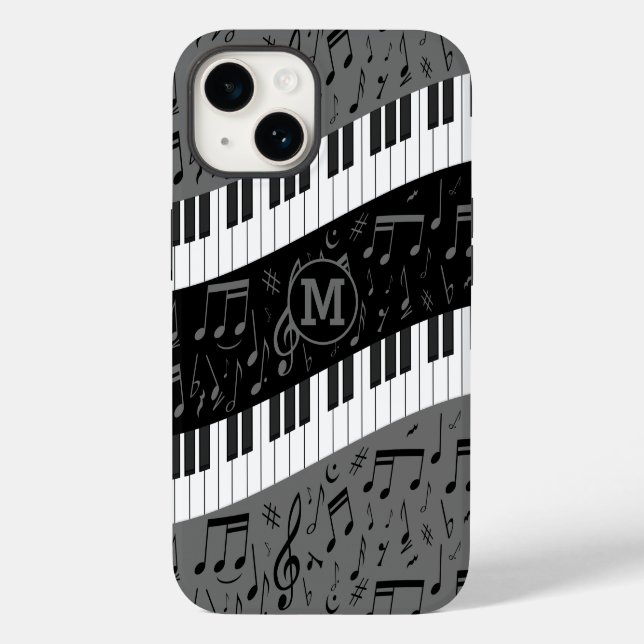 Mit Monogramm Kurven-Klaviertasten und Musiknoten Case-Mate iPhone 14 Hülle (Rückseite)