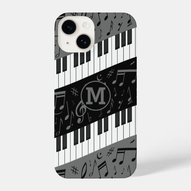Mit Monogramm Kurven-Klaviertasten und Musiknoten iPhone 14 Hülle (Rückseite)