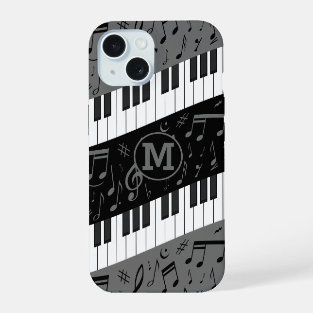 Mit Monogramm Kurven-Klaviertasten und Musiknoten iPhone 15 Hülle (Rückseite)