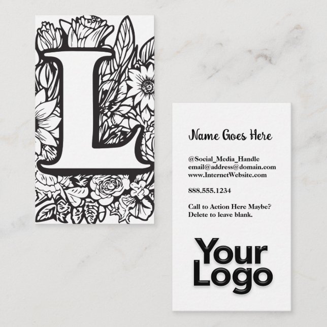 Mit Monogramm L Floral Black and White Company Log Visitenkarte (Vorne/Hinten)