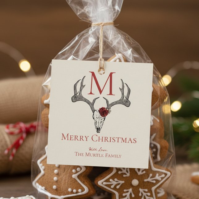 Mit Monogramm Land - Weihnachtsmäntel und Rose Geschenkanhänger (Modern Reindeer Skull Antlers Merry Christmas Gift Tags. Festive Red Gothic Skull Country Xmas Tags )