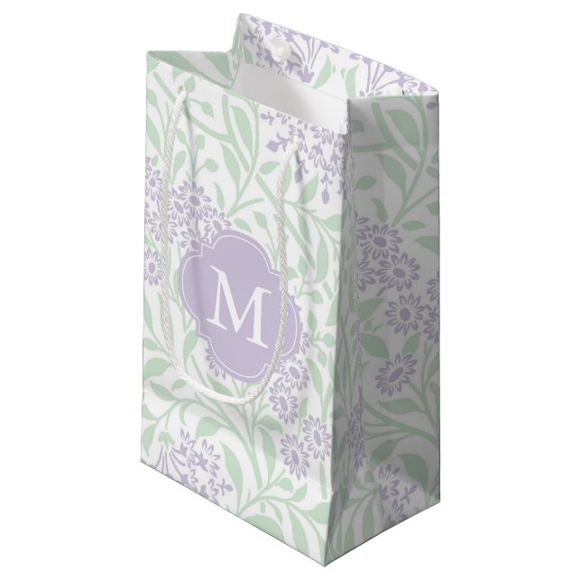 Mit Monogramm Lavendel-Minzen-Blumendamast-Muster Kleine Geschenktüte (Vorderseite Schrägansicht)