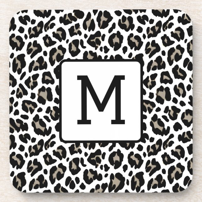 Mit Monogramm Leopard Schwarzweiß Getränkeuntersetzer (Vorderseite)