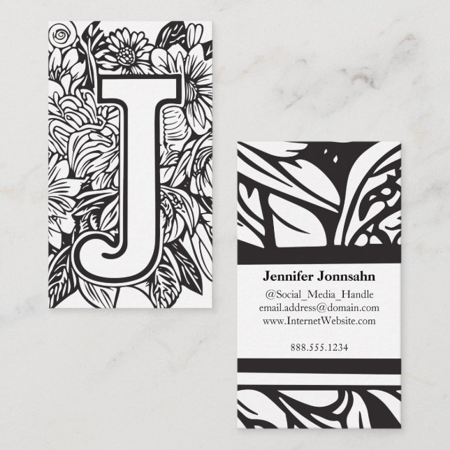 Mit Monogramm Letter J Simple Floral Black and Whi Visitenkarte (Vorne/Hinten)