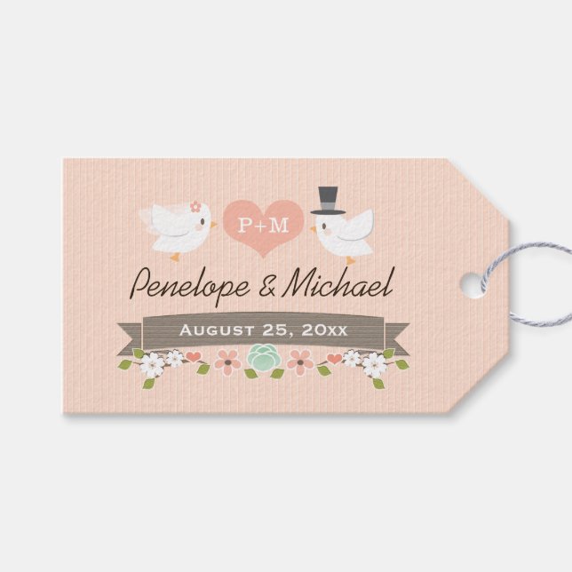 MIT MONOGRAMM LIEBE VÖGEL BLUSH DANKE GESCHENKANHÄNGER (Vorderseite (Horizontal))