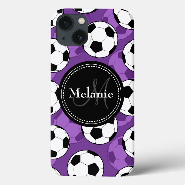 Mit Monogramm Lila Black Soccer Ball-Muster Case-Mate iPhone Hülle (Rückseite)