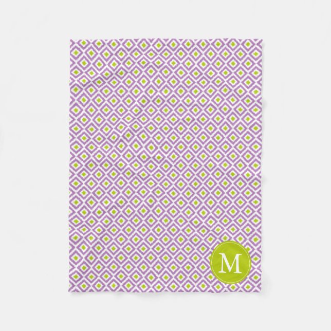Mit Monogramm Lila grüne Diamanten Ikat-Muster Fleecedecke (Vorderseite)