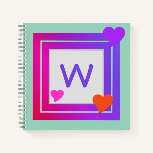 Mit Monogramm Lila rosa Orangenröte Herzen auf Aqu Notizbuch (Vorderseite)