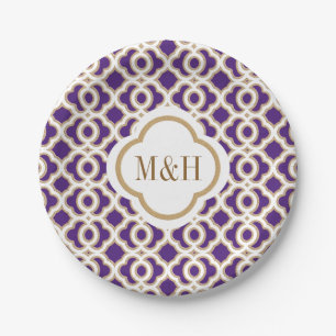 Mit Monogramm Lila und goldene marokkanische Hochz Pappteller