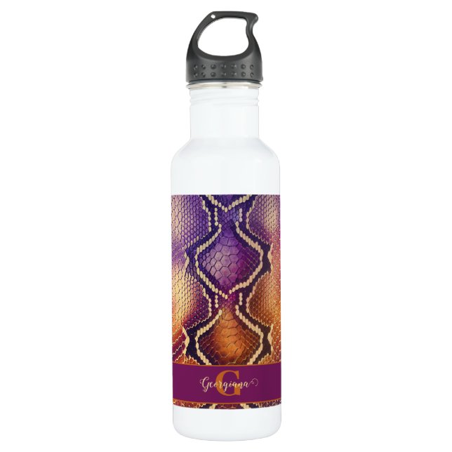 Mit Monogramm Lila und goldene Schlangenhaut Edelstahlflasche (Vorderseite)