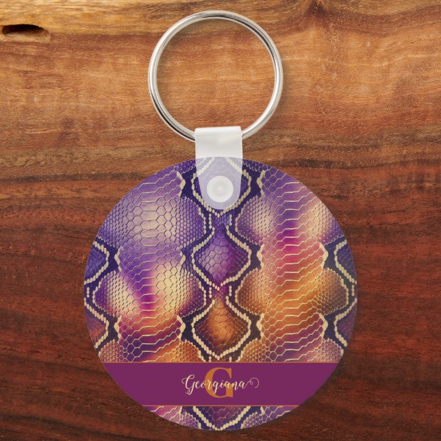 Mit Monogramm Lila und goldene Schlangenhaut Schlüsselanhänger (Vorderseite)