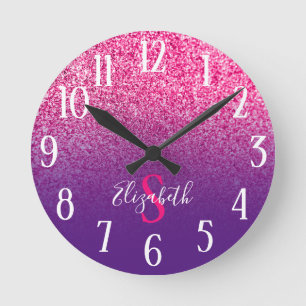 Mit Monogramm Lila und Hot Pink Glitzer Ombre Runde Wanduhr
