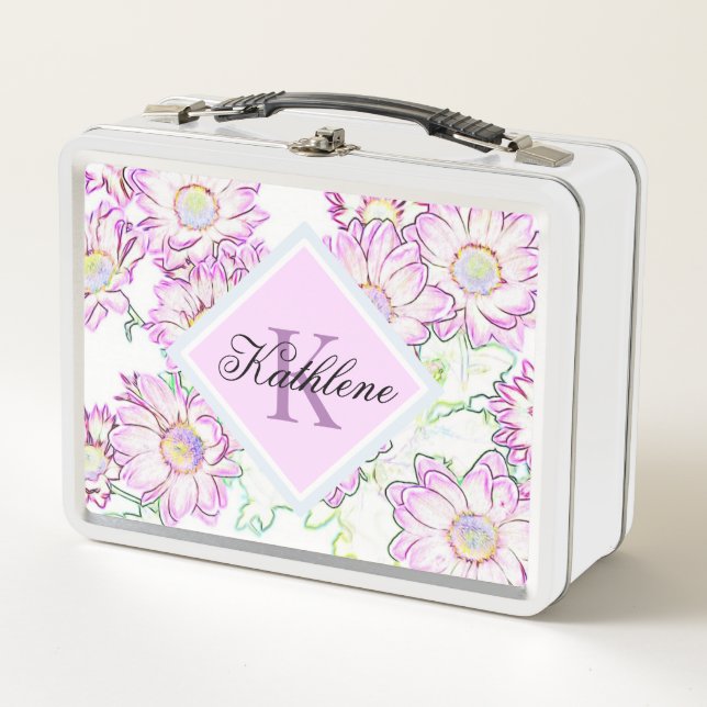 Mit Monogramm Lila Vintages Blumenkohl Metall Brotdose (Vorderseite)