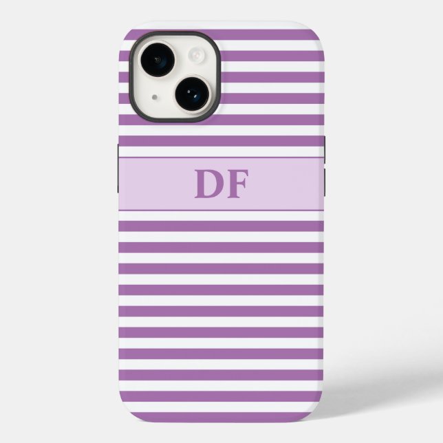 Mit Monogramm Lila/weiße Streifen Case-Mate iPhone 14 Hülle (Rückseite)