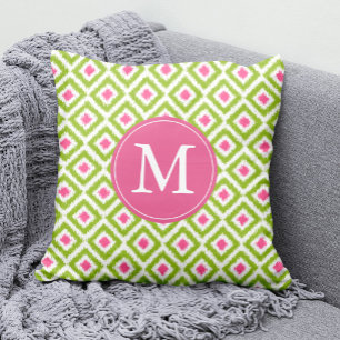 Mit Monogramm Limettengrün Rosa Diamanten Ikat-Mus Kissen