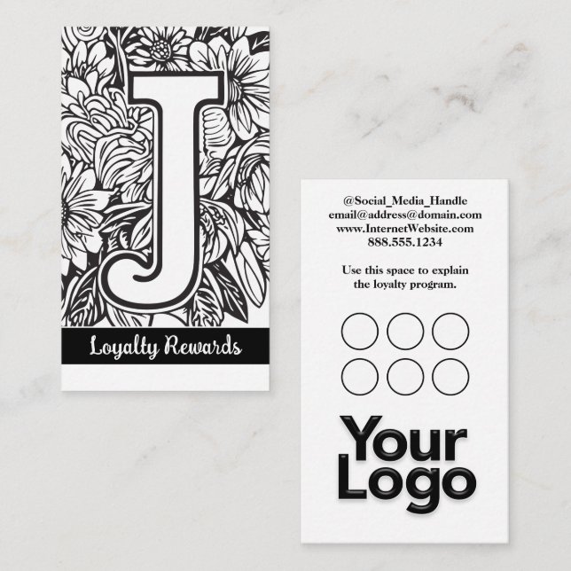 Mit Monogramm Logo von J Floral Black and White Co Visitenkarte (Vorne/Hinten)