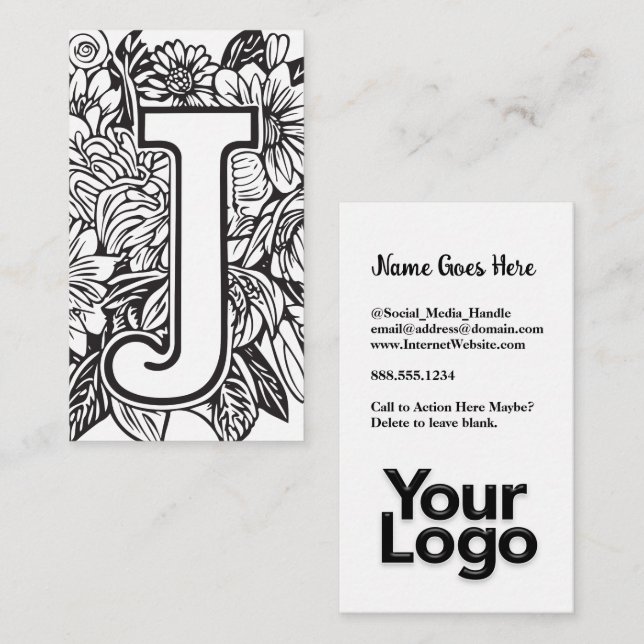 Mit Monogramm Logo von J Floral Black and White Co Visitenkarte (Vorne/Hinten)
