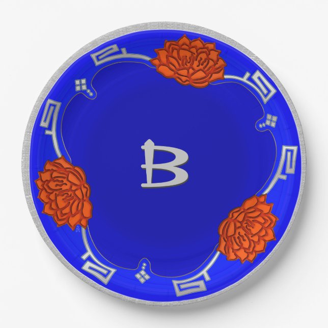Mit Monogramm Lotus Blossom - Blau, Rot, Silber Pappteller (Vorderseite)