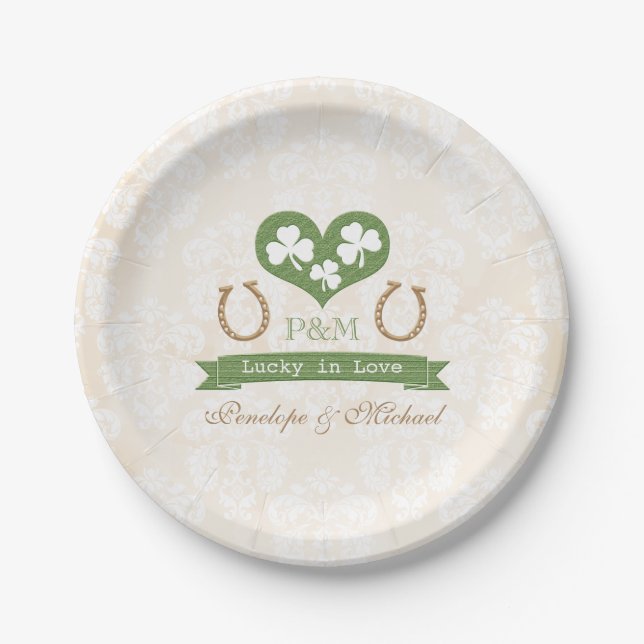 Mit Monogramm Lucky Horseshoe und Hochzeit des Kle Pappteller (Vorderseite)
