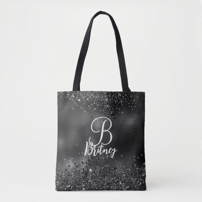 Mit Monogramm Luxus Black Glamour Glitzer Muster Tasche (Vorderseite)
