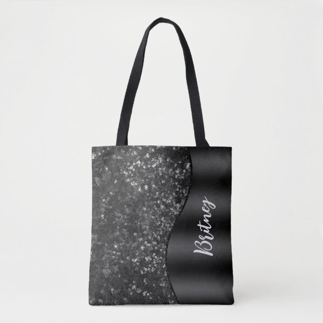 Mit Monogramm Luxus Black Glamour Glitzer Muster Tasche (Vorderseite)