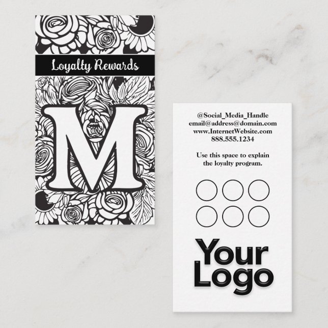 Mit Monogramm M Floral Black and White Company Log Visitenkarte (Vorne/Hinten)