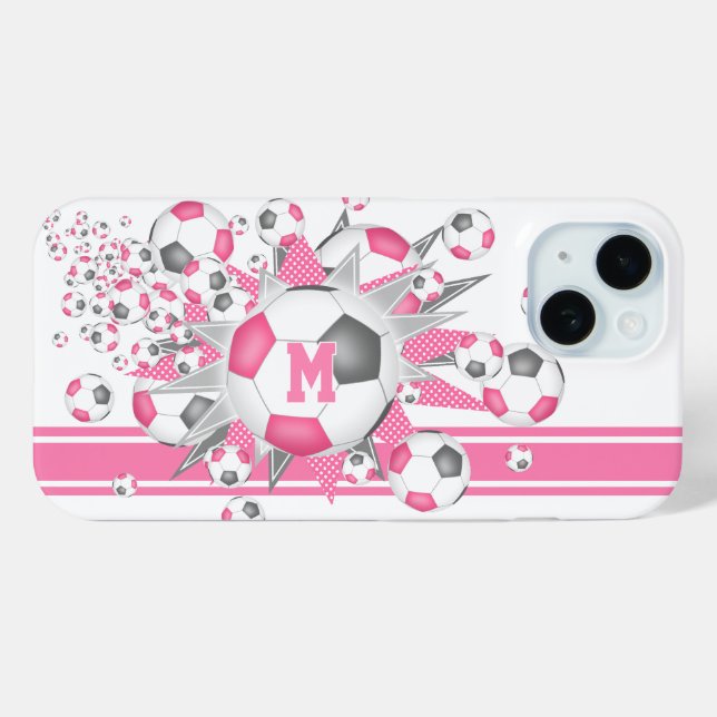 mit Monogramm Mädchenfußball in Rosa grau Case-Mate iPhone Hülle (Rückseite (Horizontal))